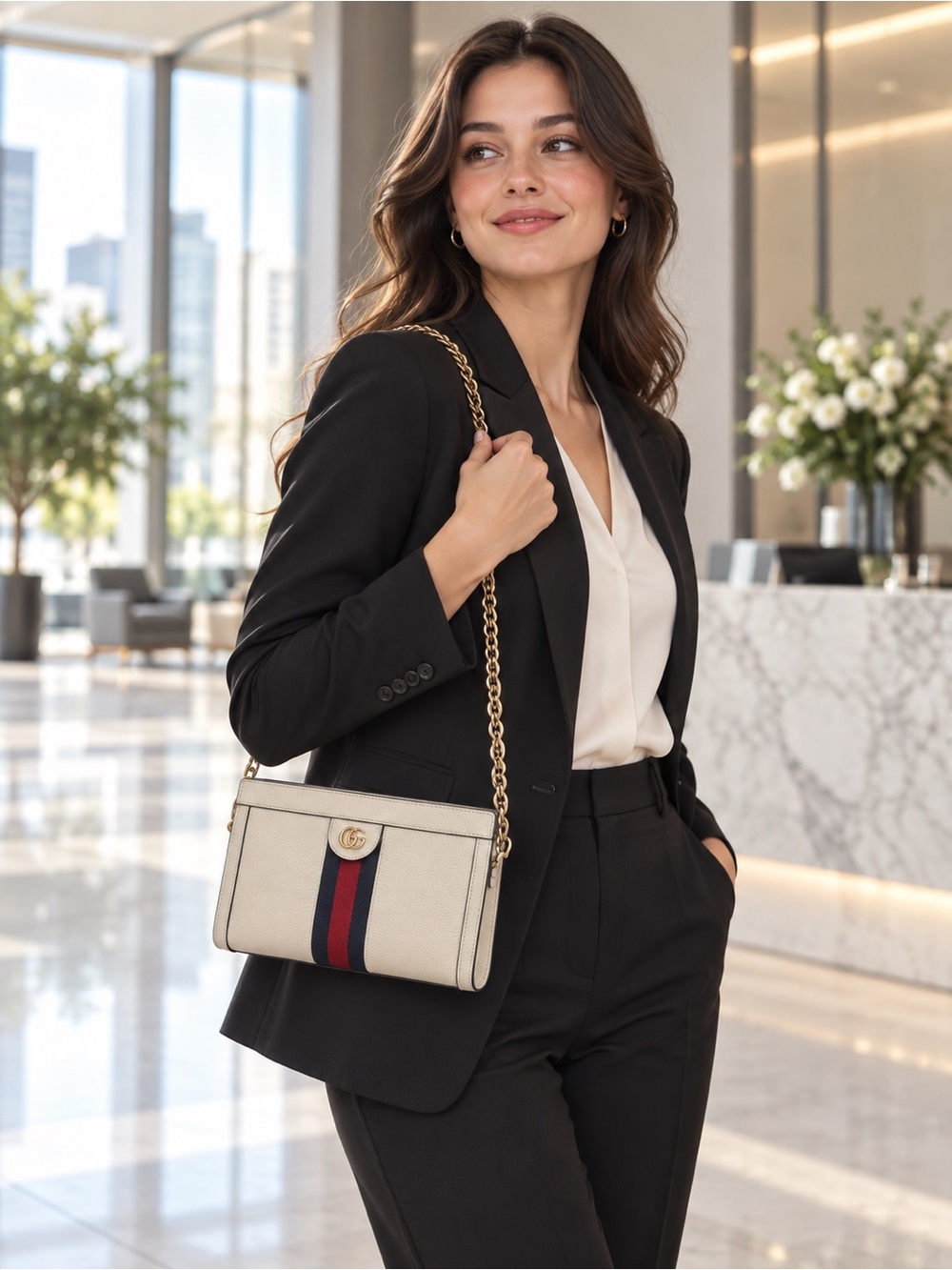 Gucci Ophidia Small White Leather Web Chain Shoulder Bag